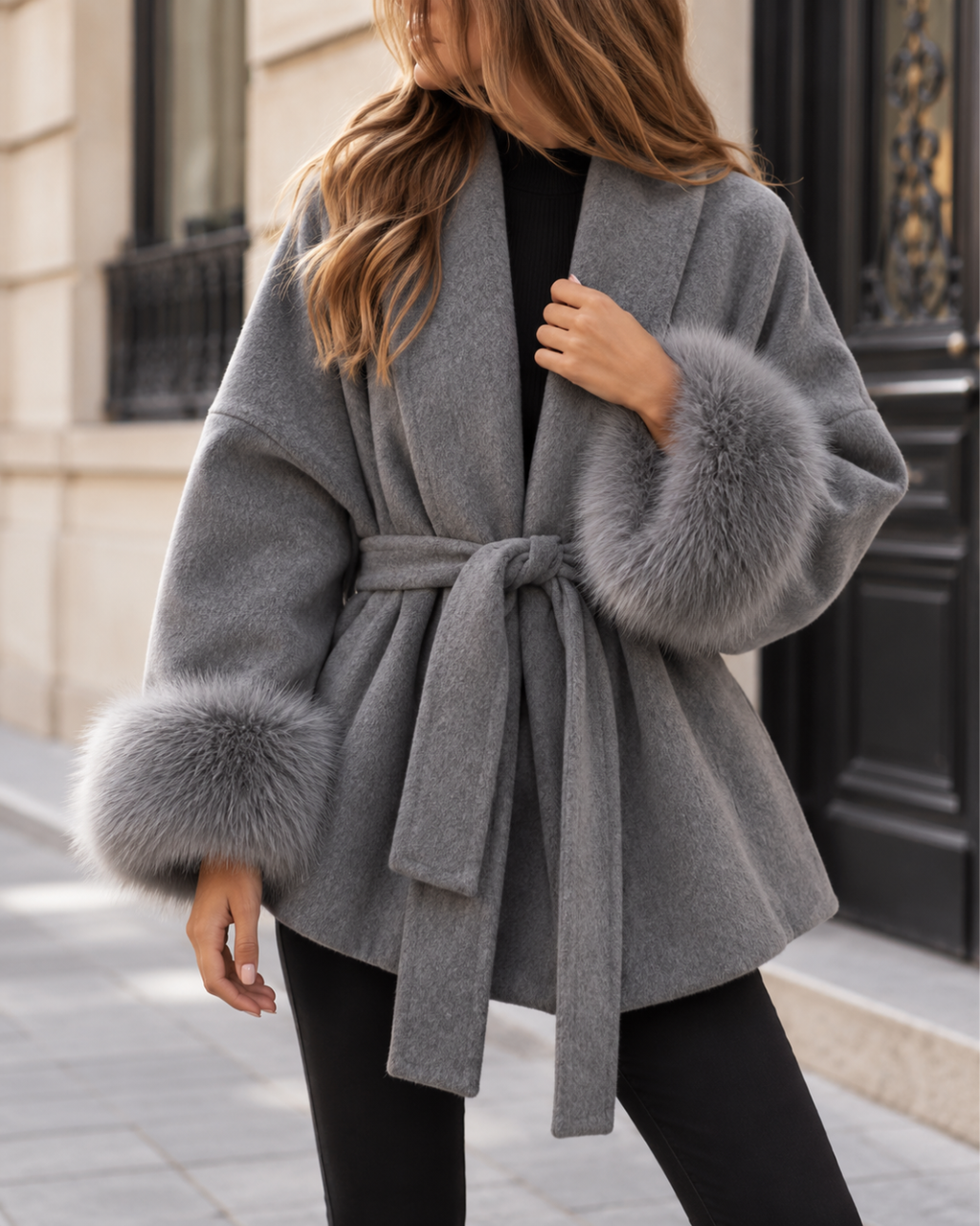 Manteau gris pour femme à coupe ample, ceinturé à la taille, avec larges revers et poignets en fausse fourrure.