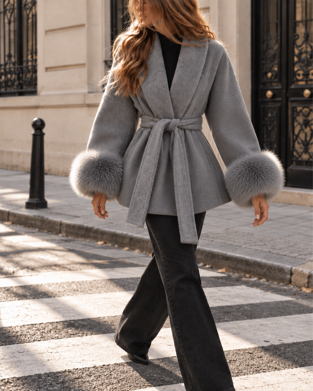 Manteau Femme Laine Chaud Ceinturé avec Fausse Fourrure