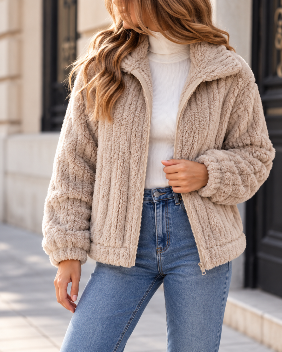 Veste polaire courte et chaude beige pour femme, zippée sur le devant avec col à revers et texture douce