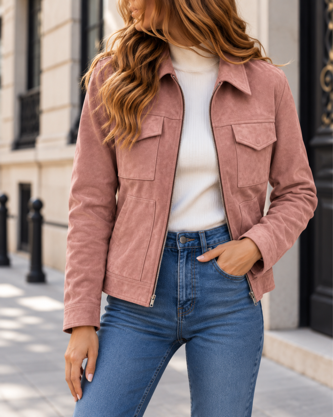 Veste Femme en Suédine Courte Zippée avec Poches