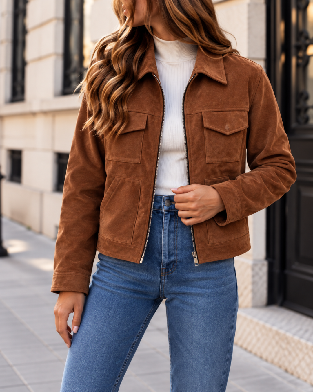 Veste Femme en Suédine Courte Zippée avec Poches