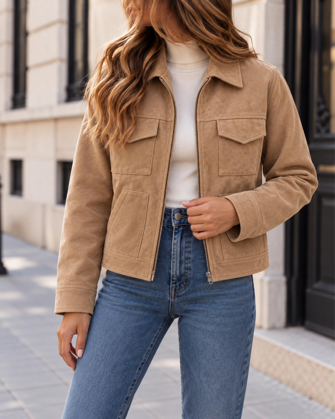 Veste Femme en Suédine Courte Zippée avec Poches