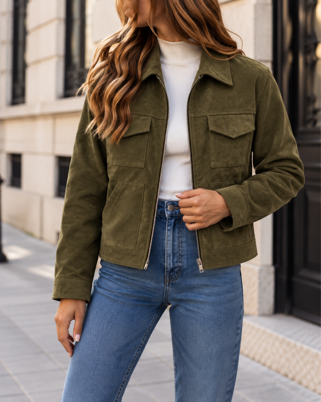 Veste Femme en Suédine Courte Zippée avec Poches