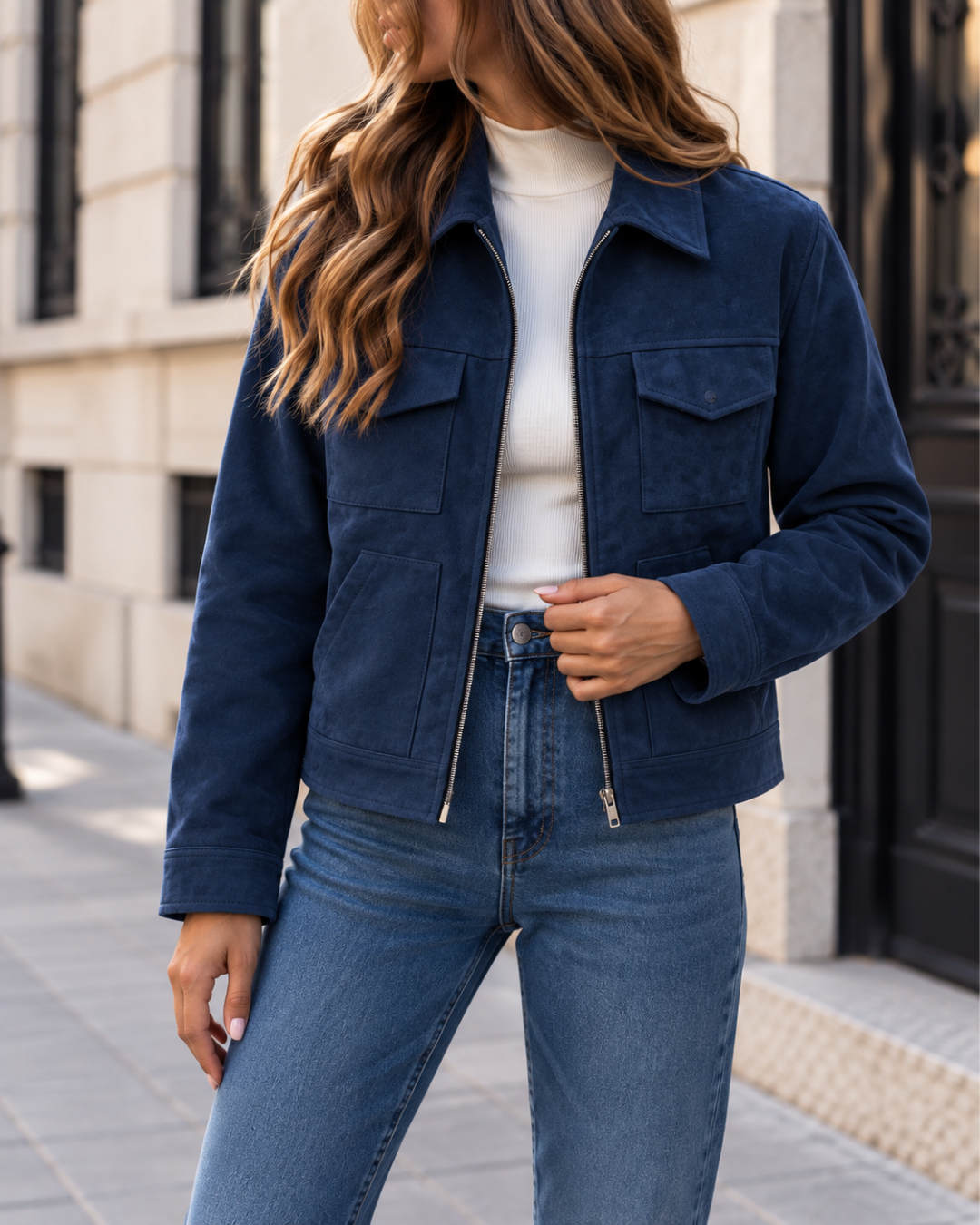 Veste Femme en Suédine Courte Zippée avec Poches