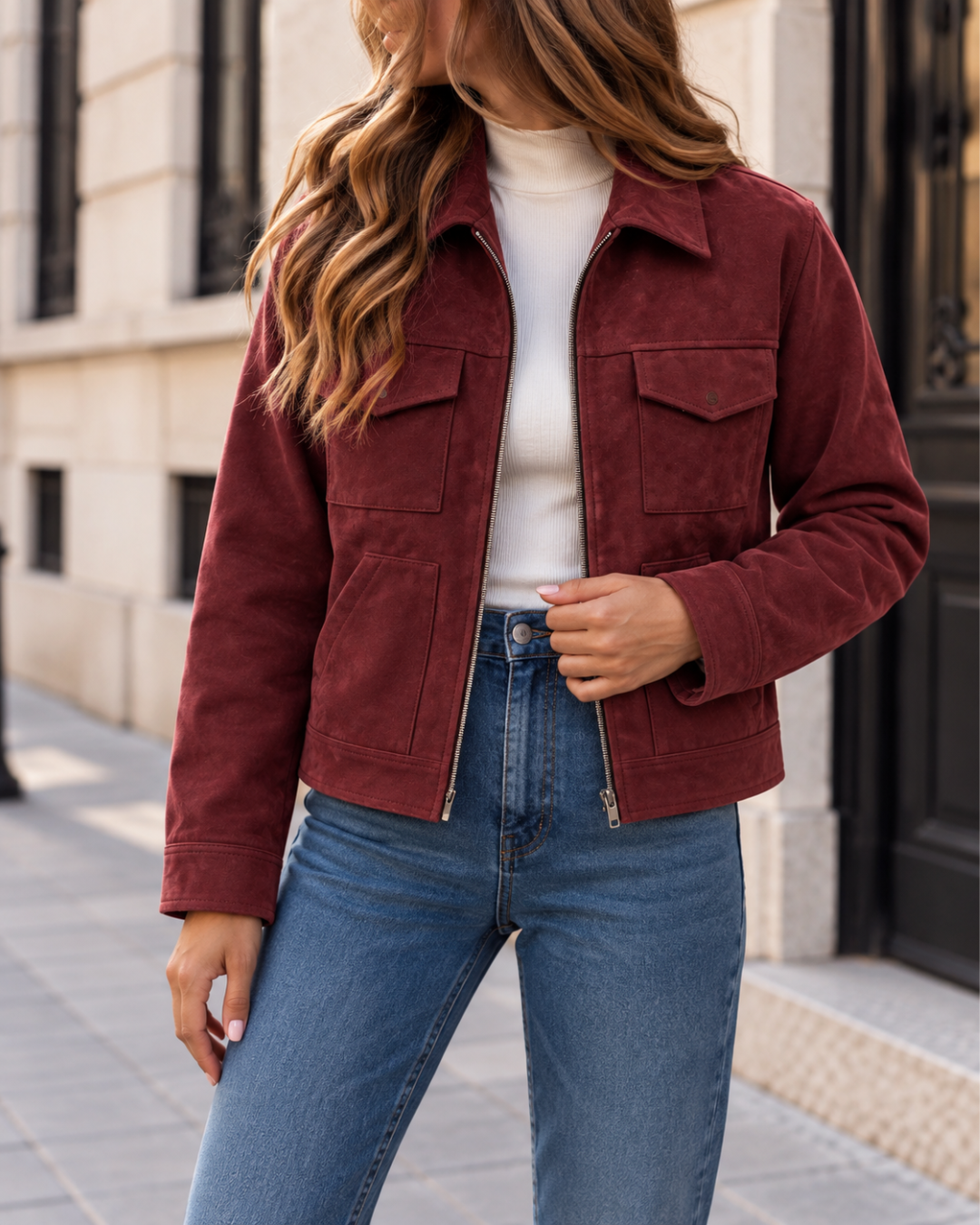 Veste Femme en Suédine Courte Zippée avec Poches