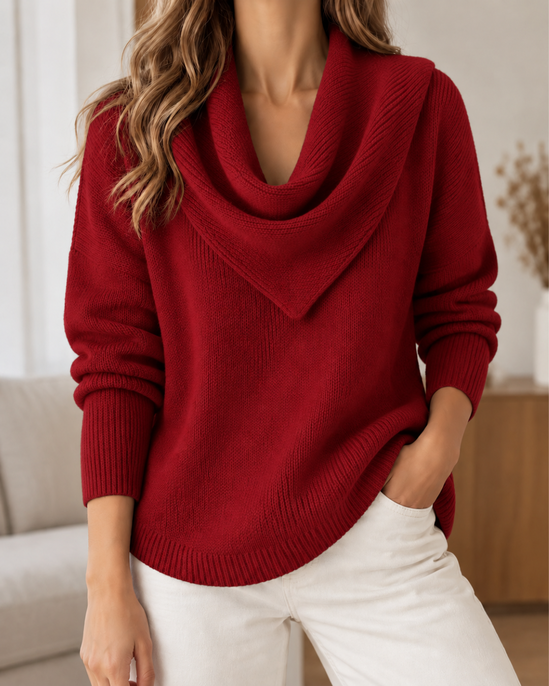 Pull élégant femme rouge en maille, à col bénitier drapé, coupe ample et manches longues, porté avec un pantalon blanc.