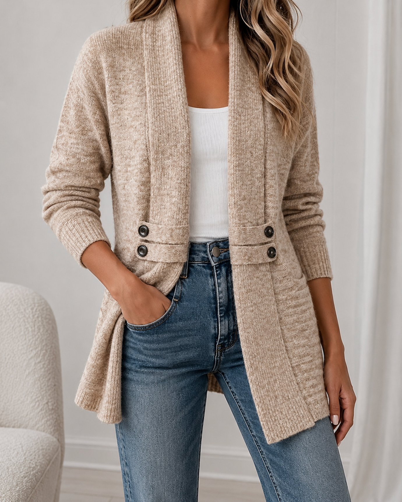 Cardigan long biege en maille pour femme, coupe ouverte avec détails à boutons et manches longues.
