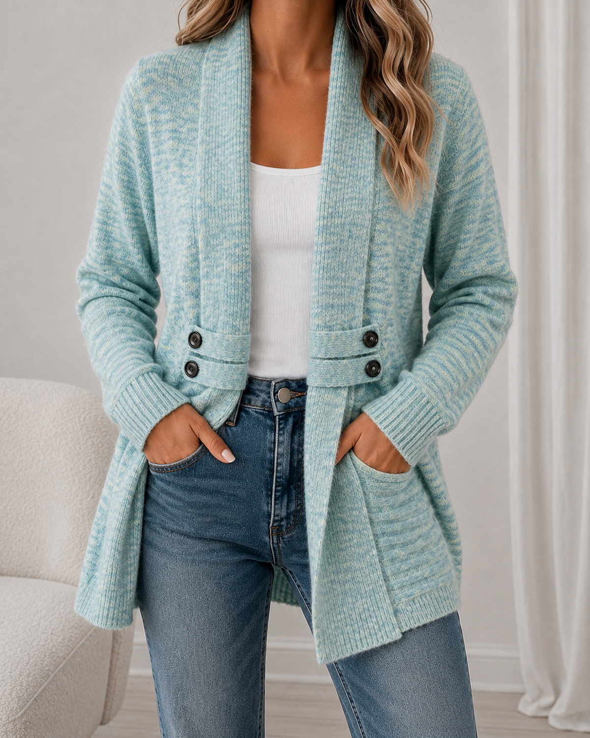 Cardigan long bleu en maille pour femme, coupe ouverte avec détails à boutons et manches longues.