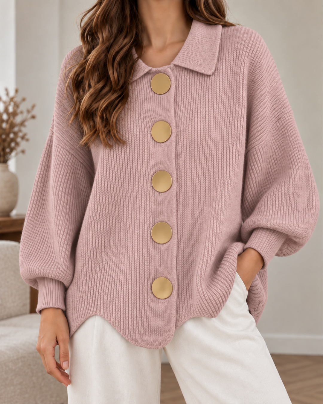 Pull oversize femme rose en maille côtelée, à col chemise, manches longues bouffantes et gros boutons dorés, porté avec un pantalon blanc.