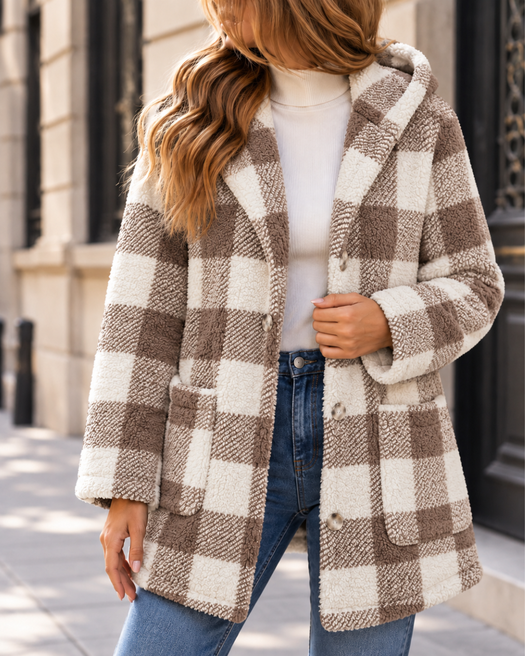 Manteau polaire à carreaux beige et écru pour femme, coupe mi-longue, avec col à revers, fermeture boutonnée et grandes poches plaquées.