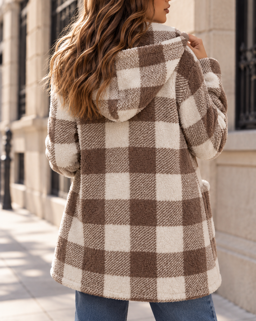 Manteau polaire à carreaux beige et écru pour femme, coupe mi-longue, avec col à revers, fermeture boutonnée et grandes poches plaquées.