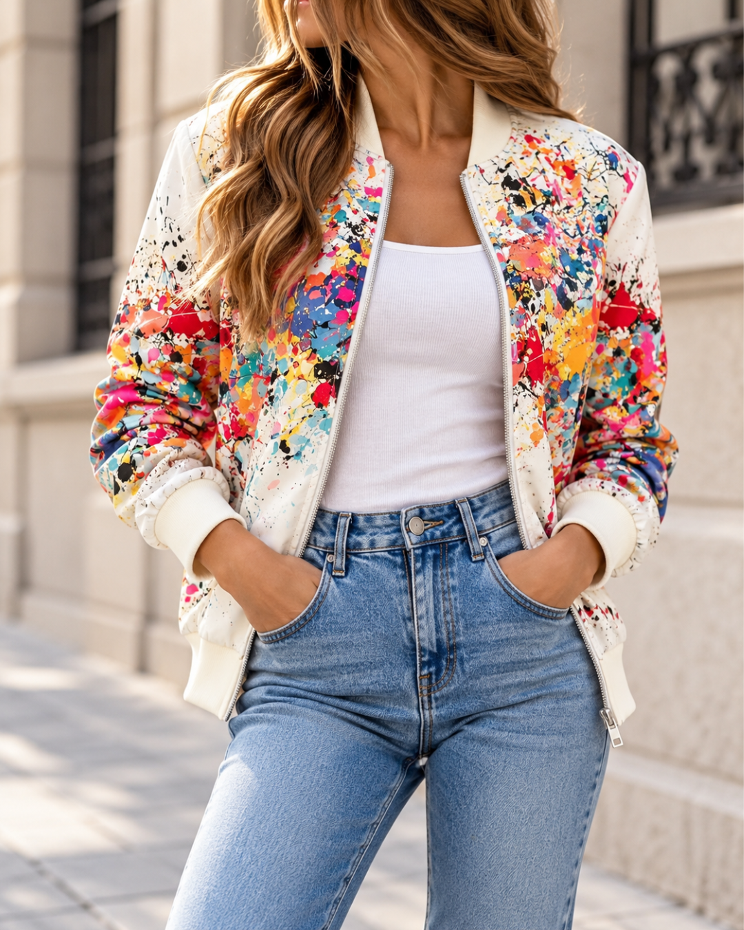 Blouson bomber femme blanc à imprimé abstrait multicolore, avec fermeture zippée, col rond et finitions côtelées aux poignets et à la taille