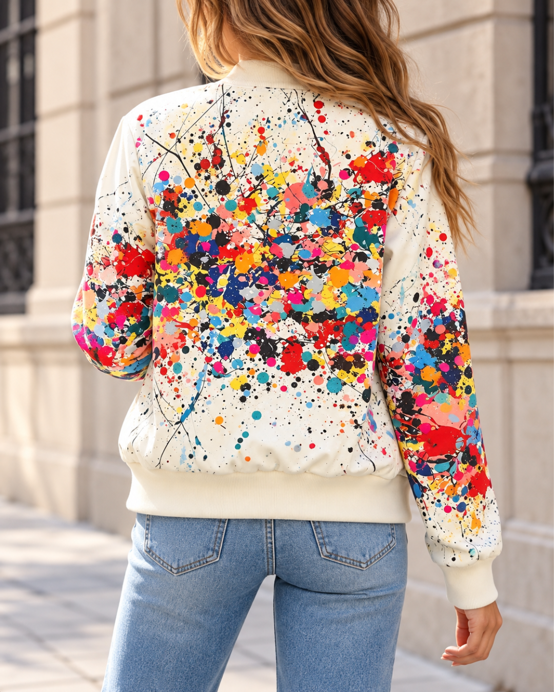 Blouson Bomber Femme Imprimé Abstrait à Fermeture Zippée