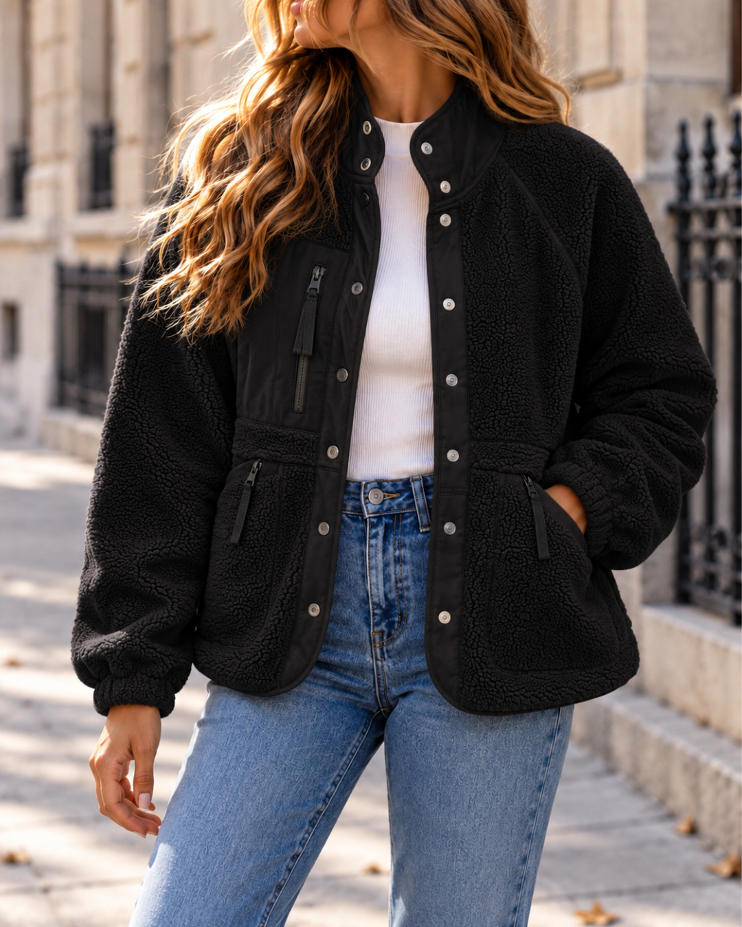 Veste Polaire Femme Chaude à Col Montant et Boutons-Pression