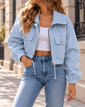 Blouson Court Femme Style Bomber à Col Montant Zippé