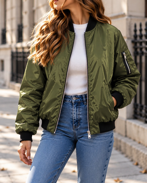 Blouson bomber femme vert foncé à fermeture zippée, col montant côtelé, manches longues, poche zippée sur la manche et coupe décontractée.