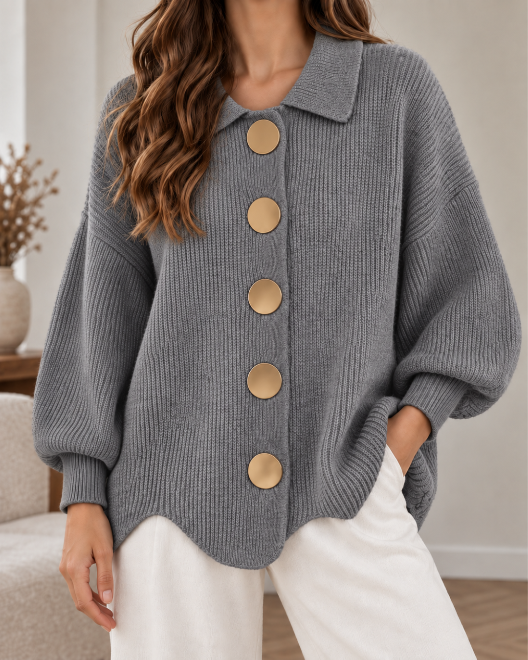 Pull oversize femme gris en maille côtelée, à col chemise, manches longues bouffantes et gros boutons dorés, porté avec un pantalon blanc.