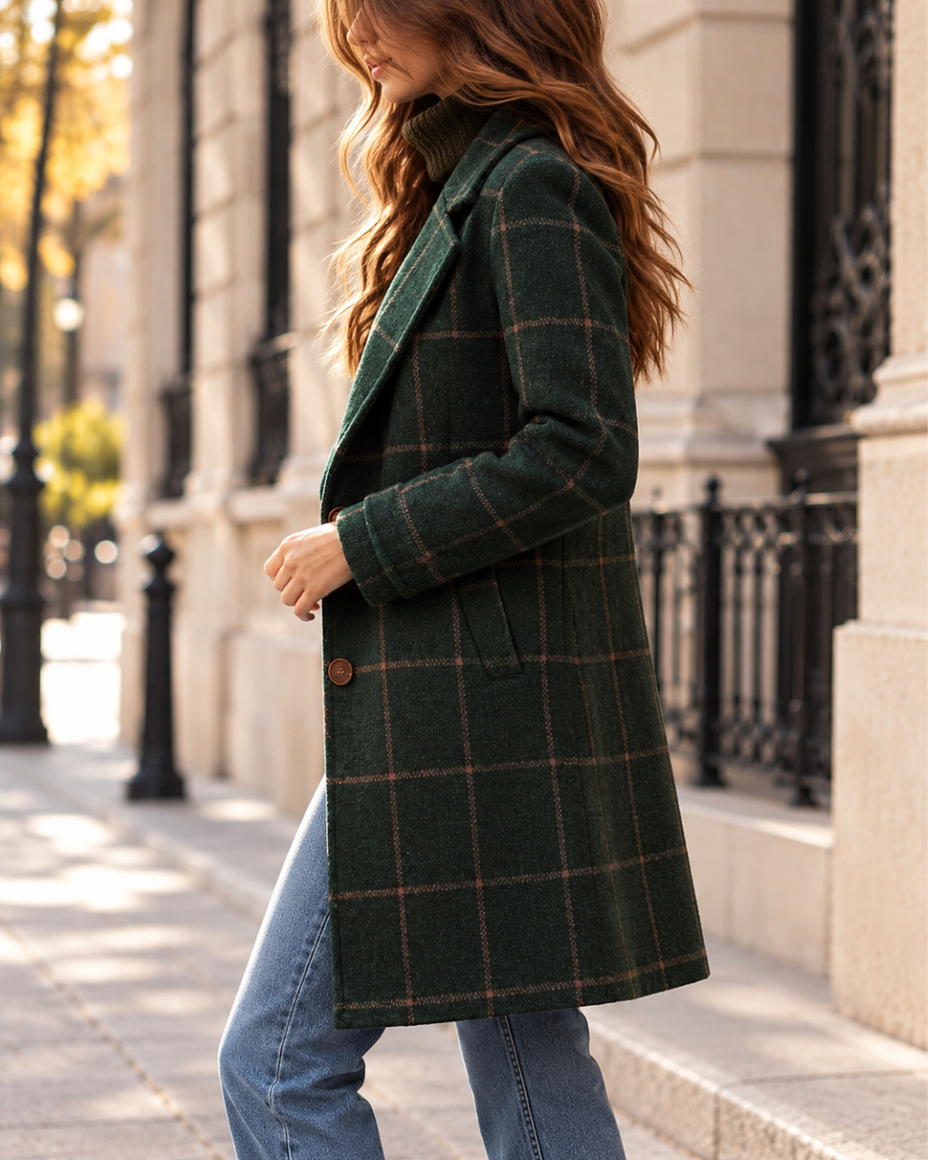 Manteau Long Femme à Carreaux avec Col Tailleur Élégant