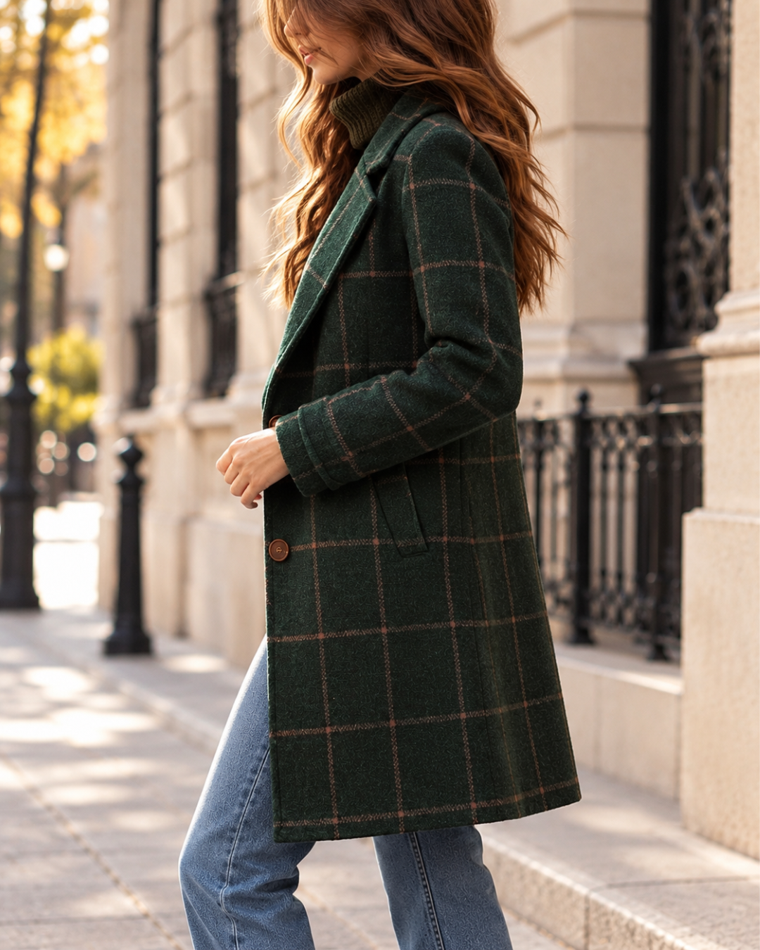 Manteau Long Femme à Carreaux avec Col Tailleur Élégant