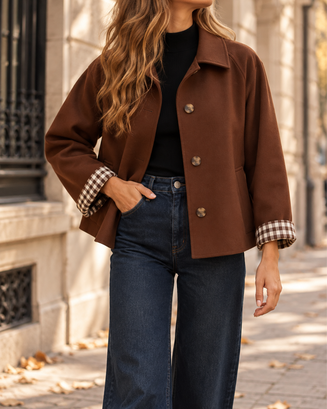 Veste courte femme marron à col à revers, fermeture boutonnée, manches longues avec doublure à carreaux visible aux poignets et poches latérales