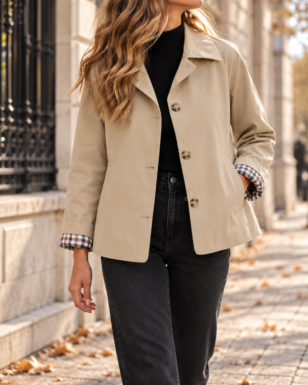 Veste courte femme beige à col à revers, fermeture boutonnée, manches longues avec doublure à carreaux visible aux poignets et poches latérales