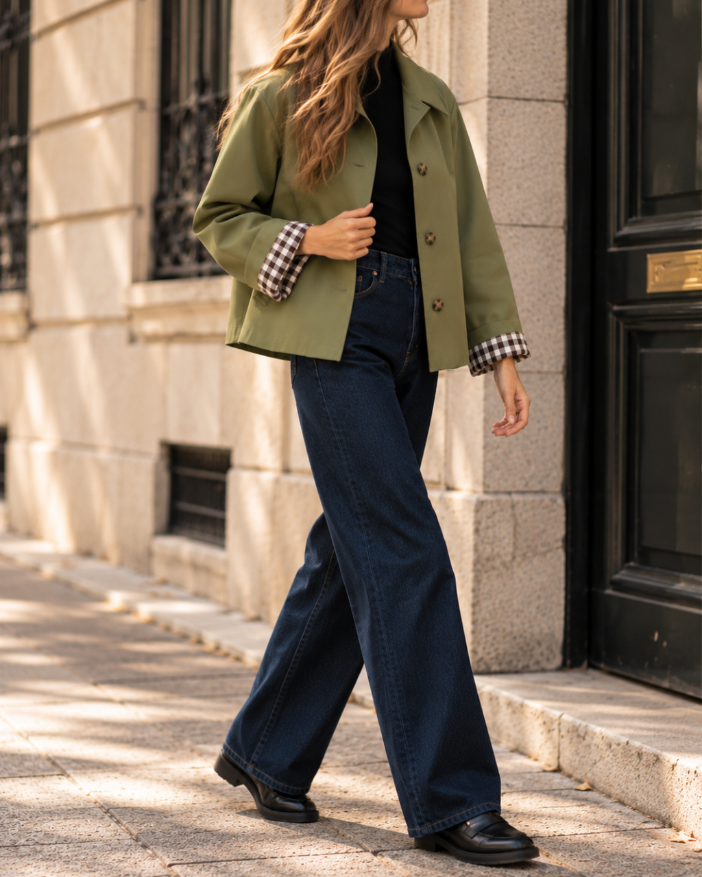 Veste courte femme vert à col à revers, fermeture boutonnée, manches longues avec doublure à carreaux visible aux poignets et poches latérales