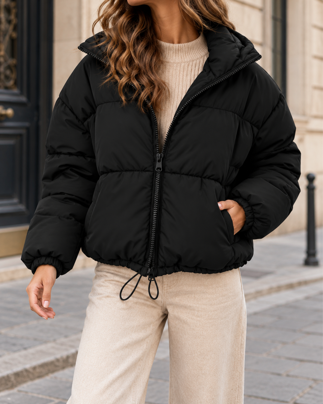 Doudoune courte femme noire matelassée à col montant, fermeture zippée, manches longues bouffantes, poches latérales et ourlet ajustable