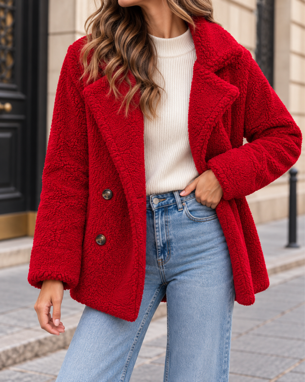 Manteau Teddy Femme Chaud en Fausse Fourrure à Boutons