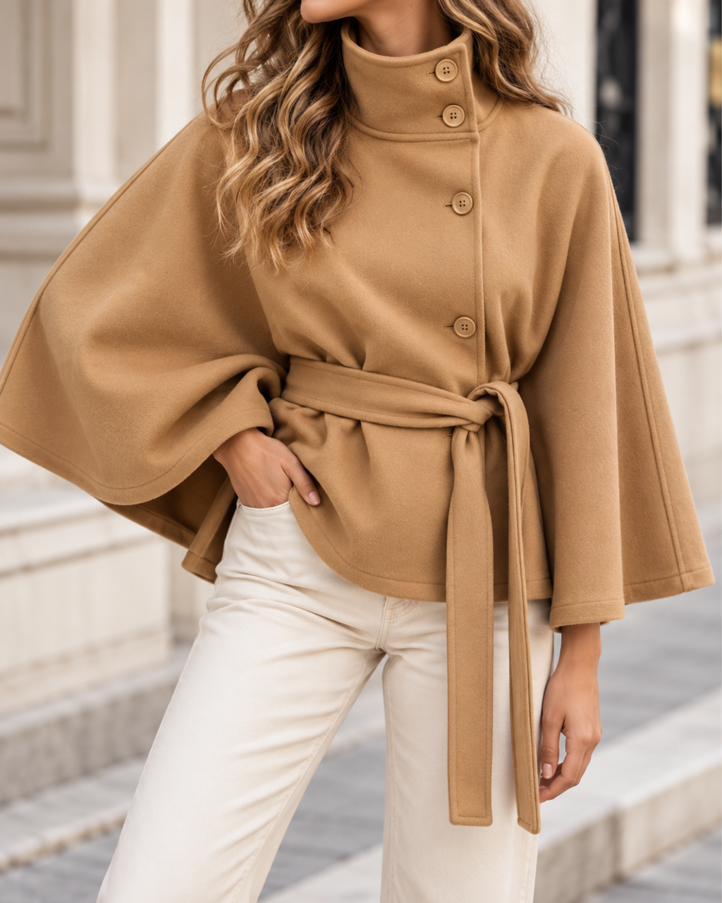Manteau cape court camel pour femme, coupe ample à manches larges, col montant boutonné et ceinture à nouer à la taille