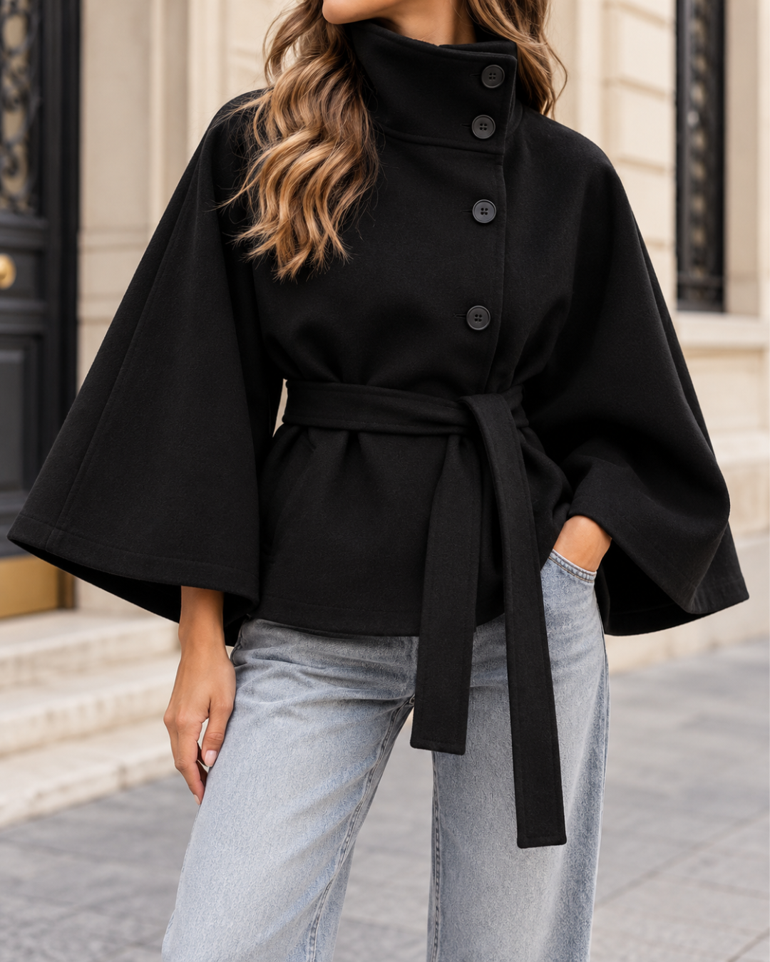 Manteau cape court noir pour femme, coupe ample à manches larges, col montant boutonné et ceinture à nouer à la taille