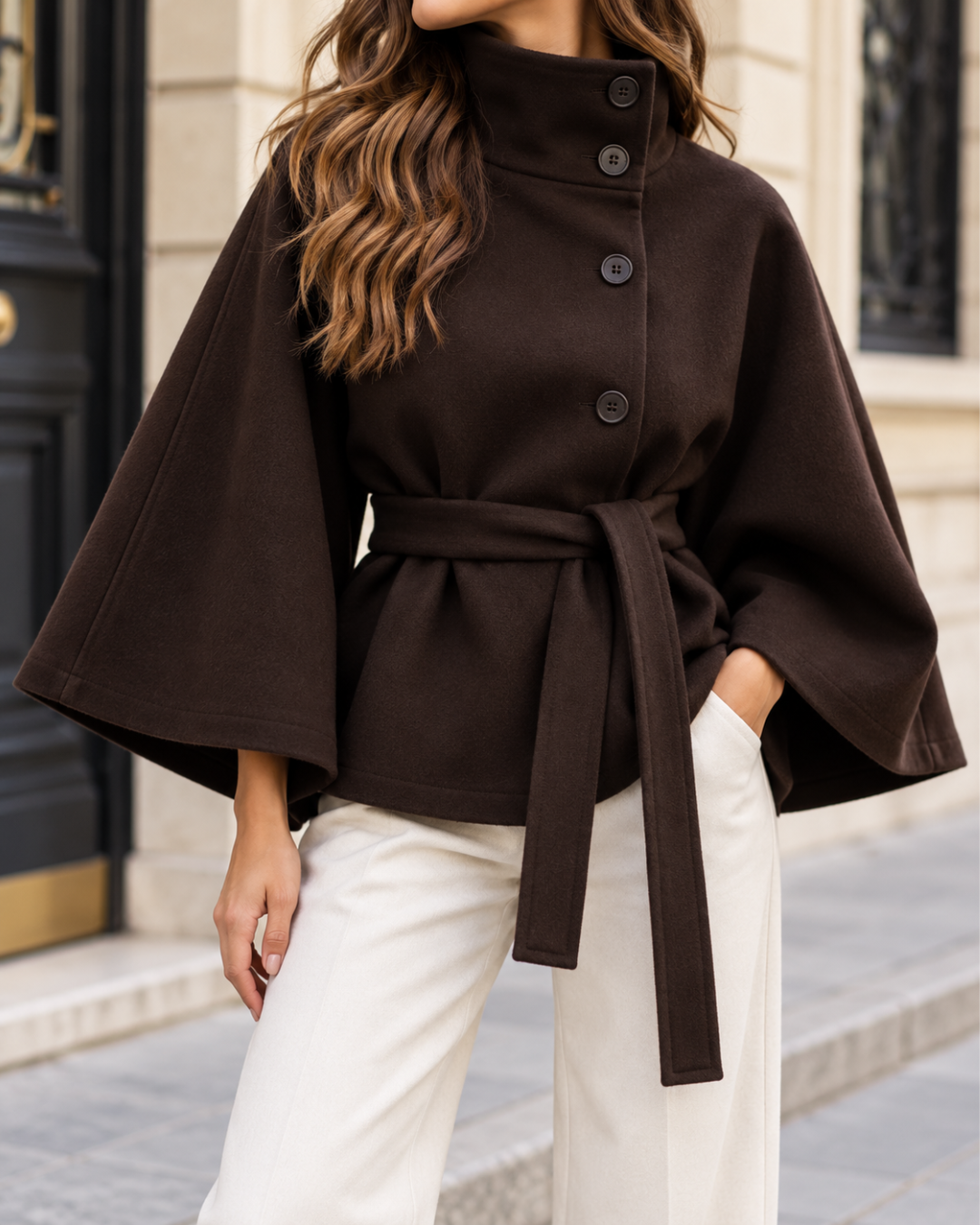 Manteau cape court marron pour femme, coupe ample à manches larges, col montant boutonné et ceinture à nouer à la taille