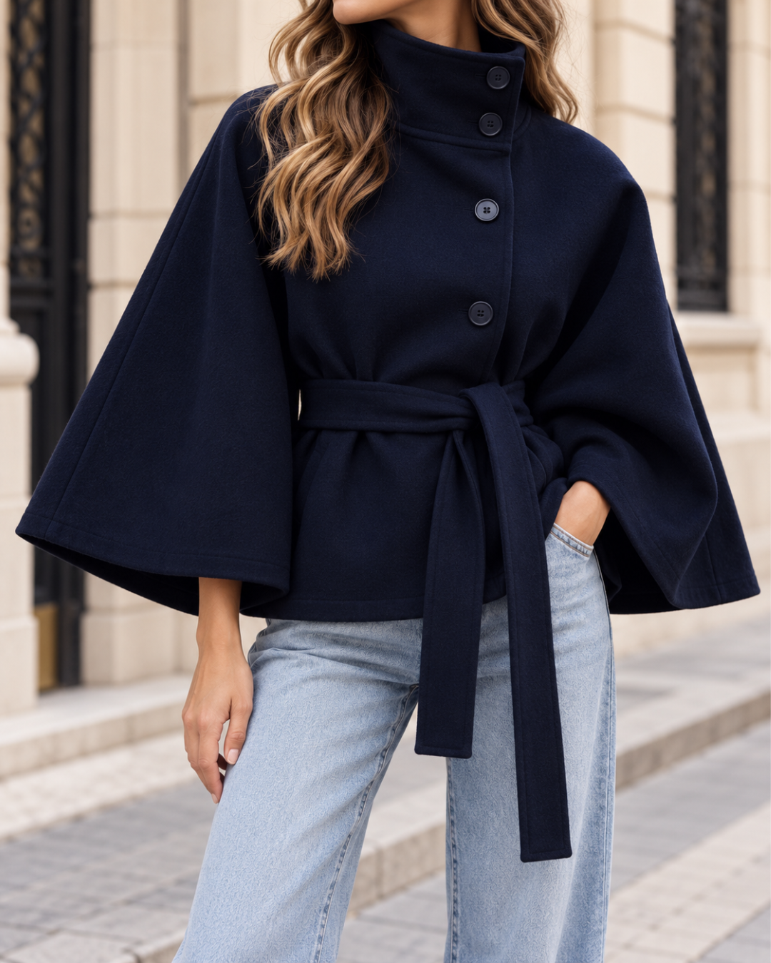 Manteau cape court marine pour femme, coupe ample à manches larges, col montant boutonné et ceinture à nouer à la taille