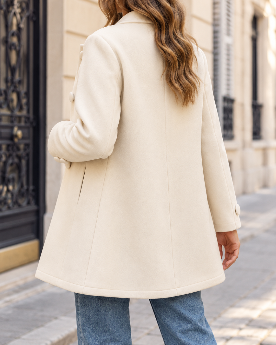 Manteau mi-long ivoire pour femme, coupe cintrée, col montant, fermeture à gros boutons ton sur ton, manches longues et poches latérales