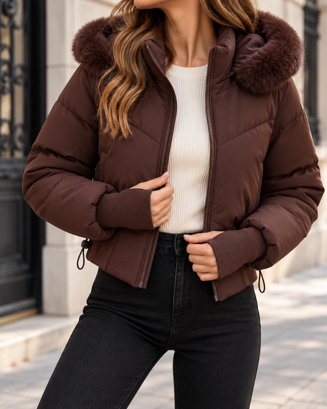 Doudoune courte femme marron chocolat, matelassée avec capuche bordée de fausse fourrure, fermeture zippée, manches longues à poignets côtelés et taille ajustable.