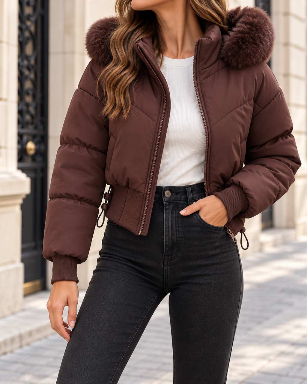 Doudoune courte femme marron chocolat, matelassée avec capuche bordée de fausse fourrure, fermeture zippée, manches longues à poignets côtelés et taille ajustable.