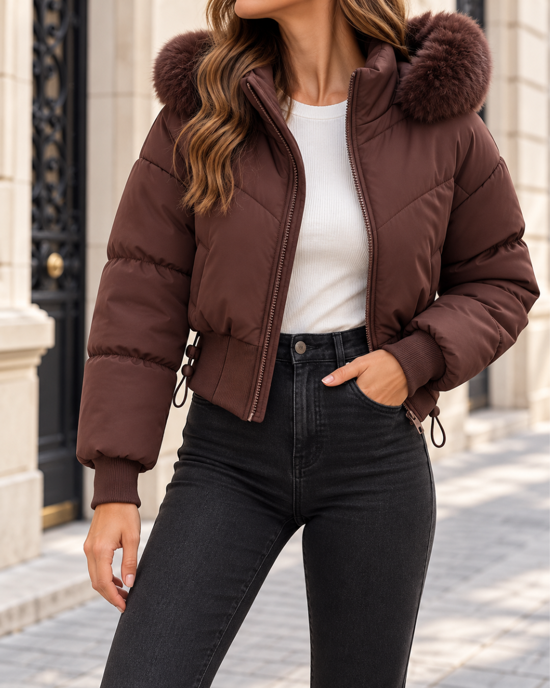 Doudoune courte femme marron chocolat, matelassée avec capuche bordée de fausse fourrure, fermeture zippée, manches longues à poignets côtelés et taille ajustable.
