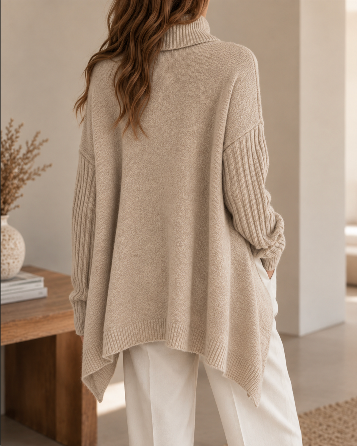 Pull Oversize Chaud Asymétrique à Col Roulé pour Femme