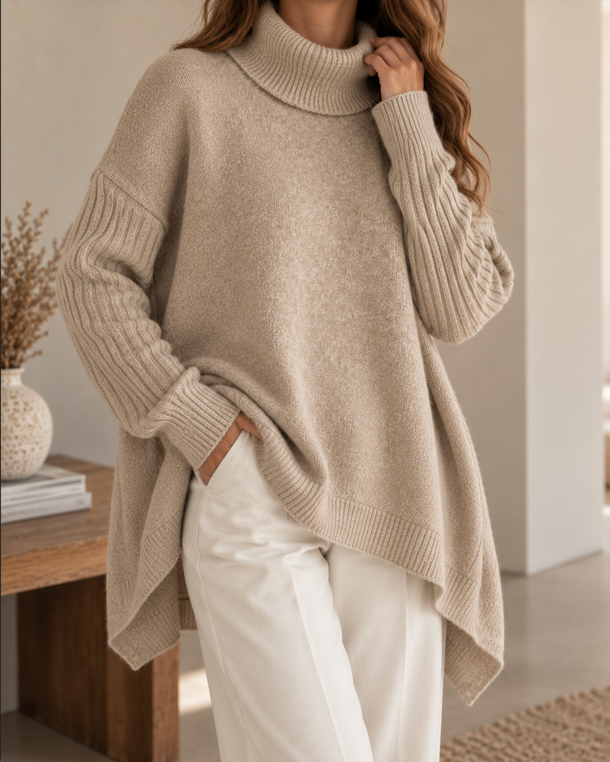 Pull oversize beige en maille pour femme à col roulé, manches longues et coupe asymétrique ample