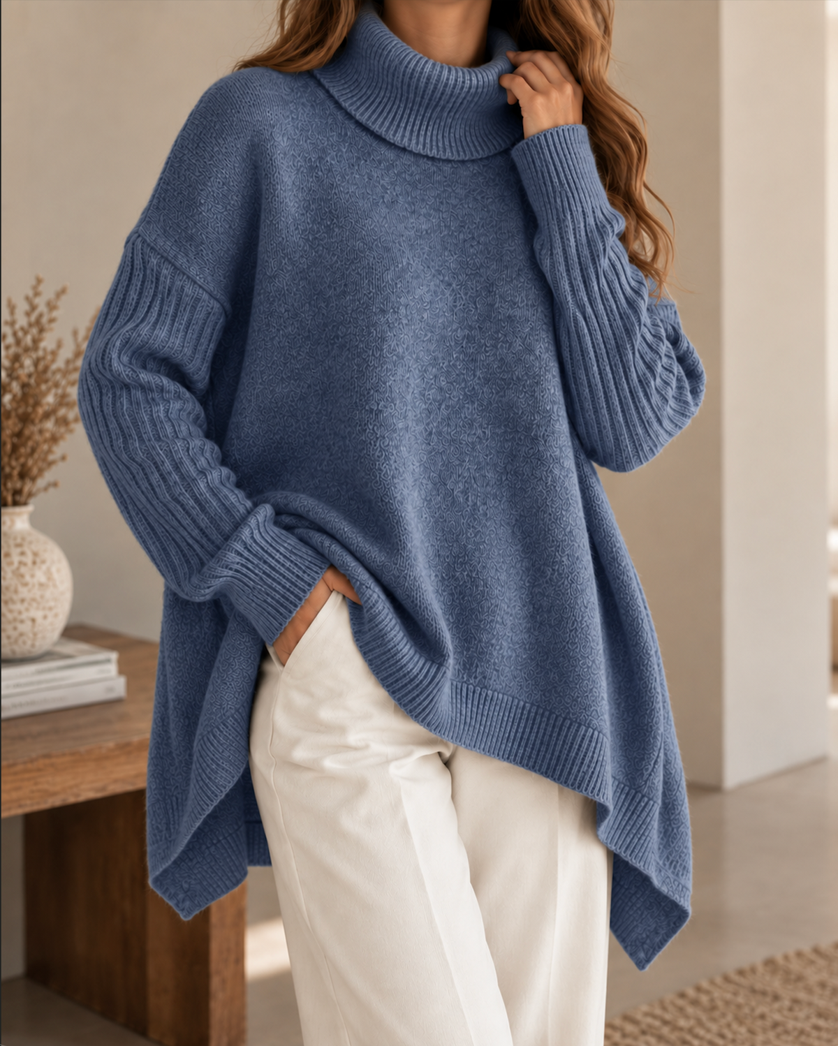 Pull oversize bleu en maille pour femme à col roulé, manches longues et coupe asymétrique ample.