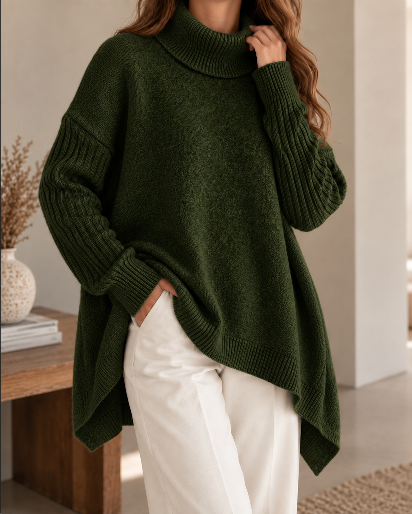 Pull oversize vert foncé en maille pour femme à col roulé, manches longues et coupe asymétrique ample.