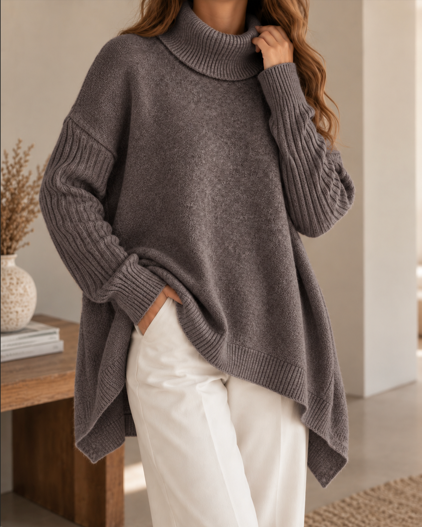 Pull oversize gris foncé en maille pour femme à col roulé, manches longues et coupe asymétrique ample.