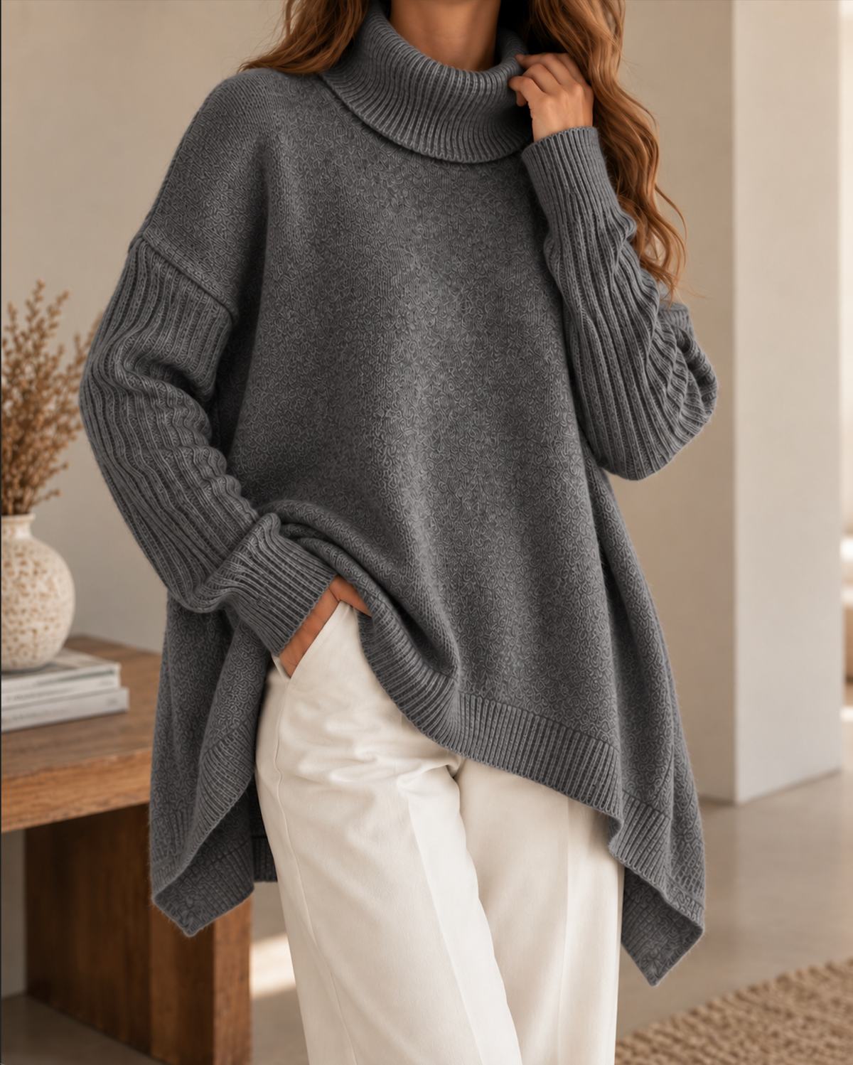 Pull oversize gris en maille pour femme à col roulé, manches longues et coupe asymétrique ample.