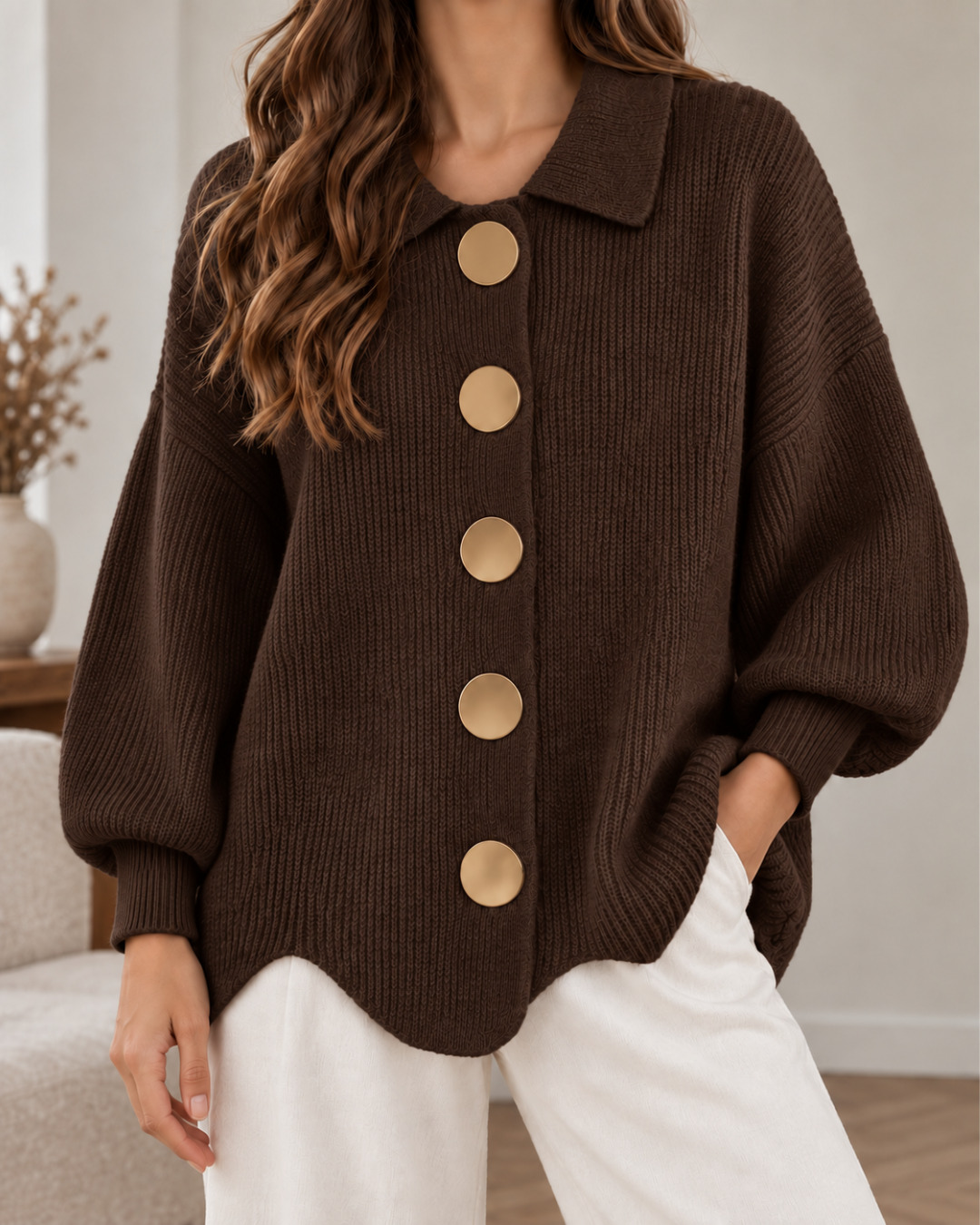Pull oversize femme marron en maille côtelée, à col chemise, manches longues bouffantes et gros boutons dorés, porté avec un pantalon blanc.