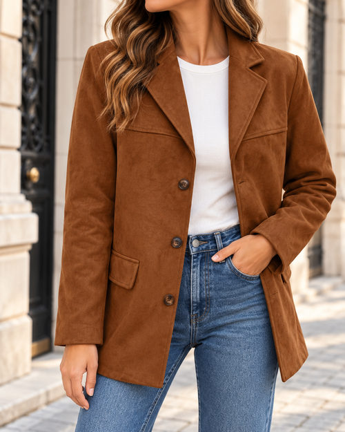 Blazer long femme en suédine marron, coupe droite légèrement cintrée, col tailleur, fermeture à boutons, poches à rabat et manches longues