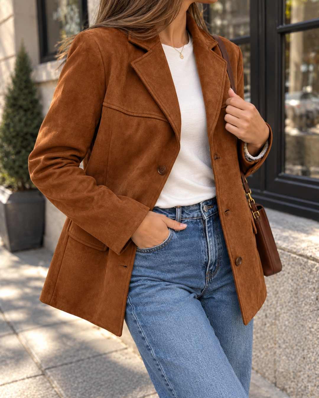 Blazer long femme en suédine marron, coupe droite légèrement cintrée, col tailleur, fermeture à boutons, poches à rabat et manches longues