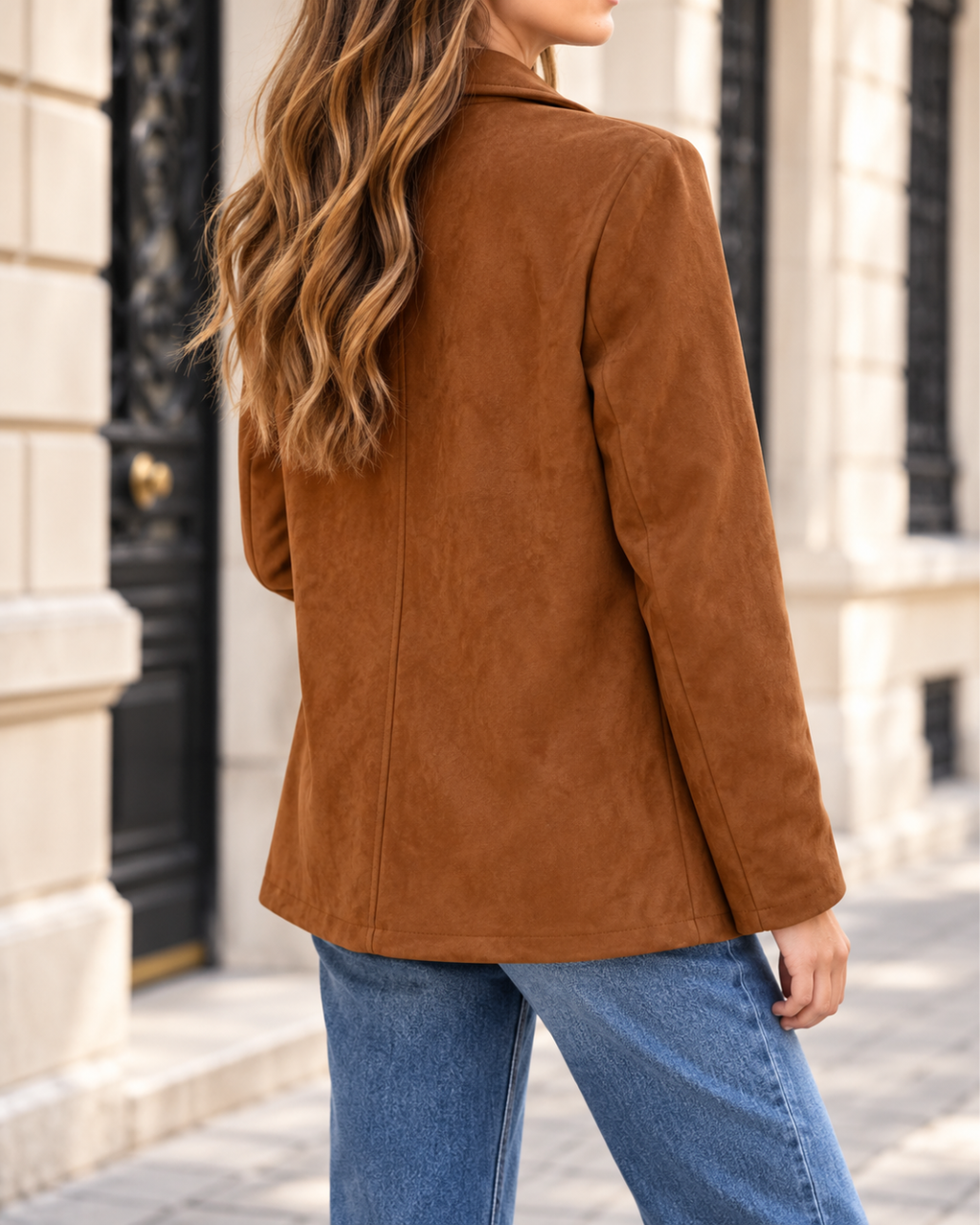 Blazer long femme en suédine marron, coupe droite légèrement cintrée, col tailleur, fermeture à boutons, poches à rabat et manches longues