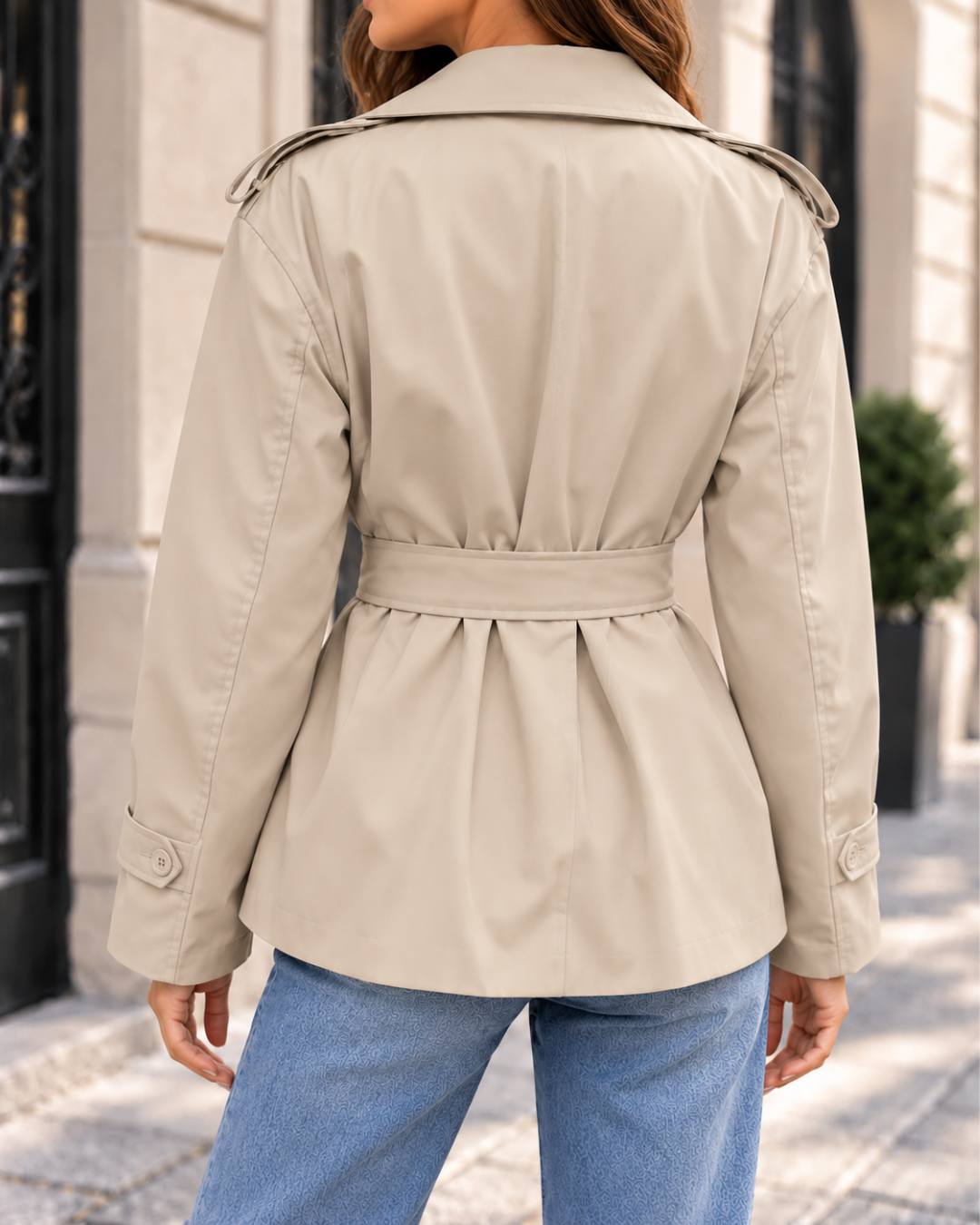 Veste trench courte femme ivoire, coupe cintrée avec ceinture à nouer, col à revers, double boutonnage et manches longues