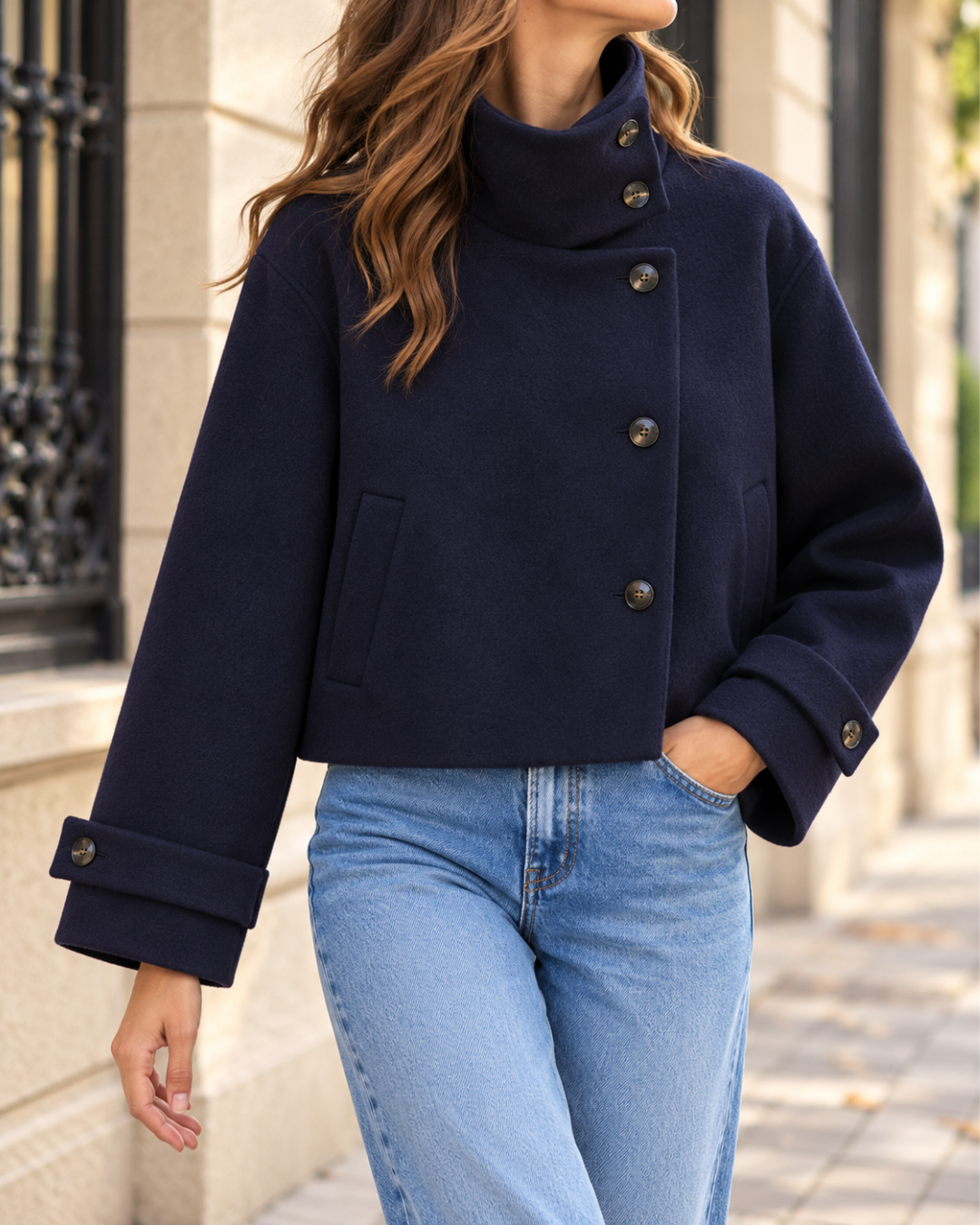 Veste courte femme marine à col montant asymétrique, fermeture boutonnée noire, poches latérales et manches longues avec pattes boutonnées