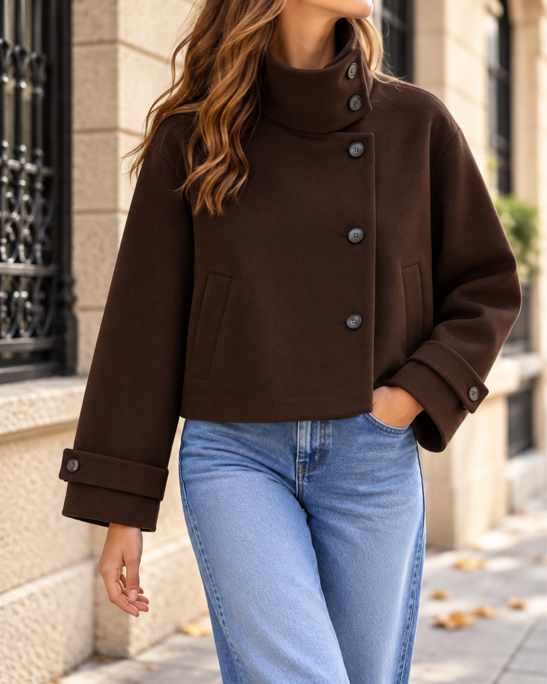 Veste courte femme marron à col montant asymétrique, fermeture boutonnée noire, poches latérales et manches longues avec pattes boutonnées
