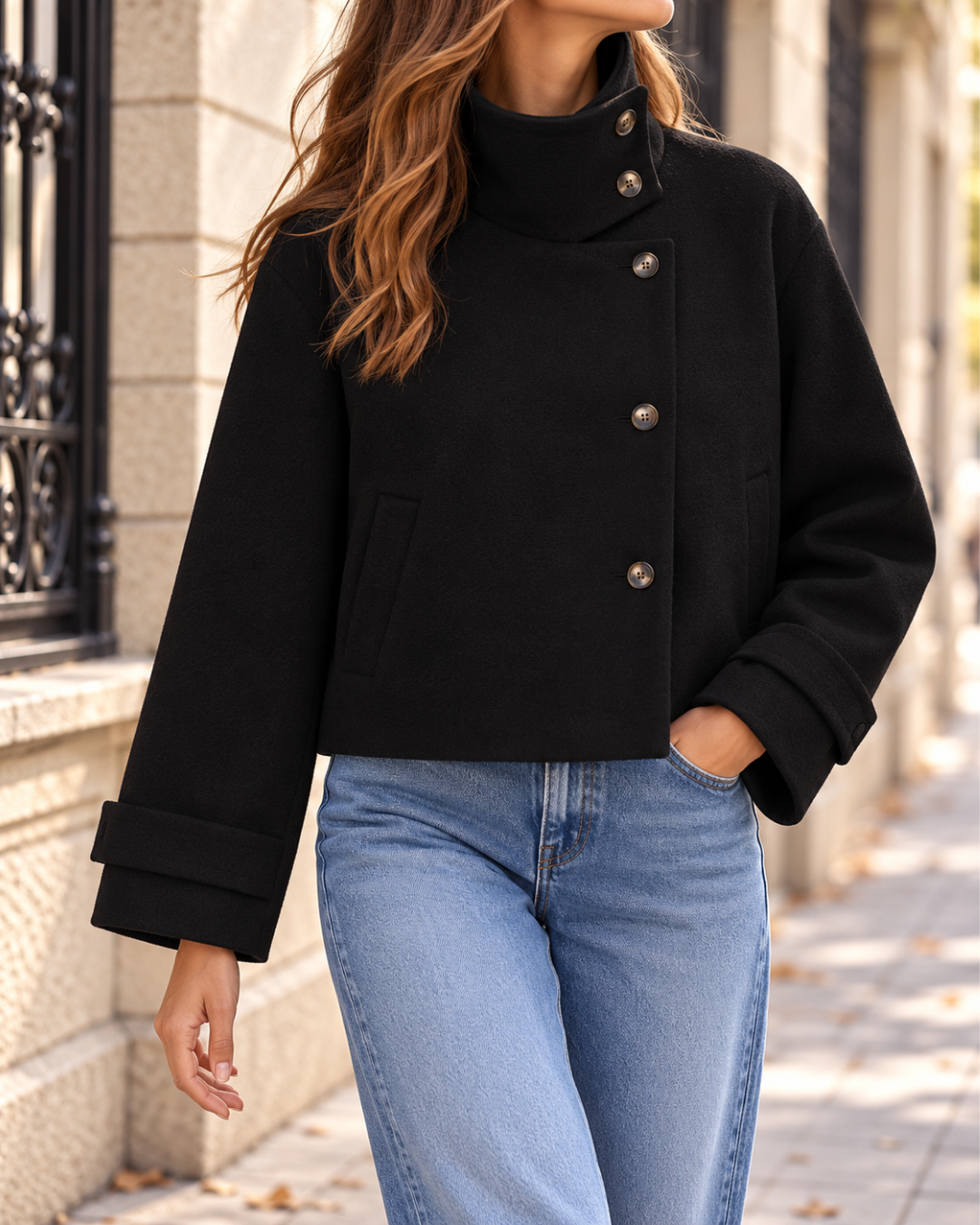 Veste courte femme noir à col montant asymétrique, fermeture boutonnée noire, poches latérales et manches longues avec pattes boutonnées